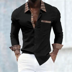 Men's shirt with plaid collar, trendy printed shirt, stylish and casual slim-fit long-sleeved shirt, suitable for everyday wear.