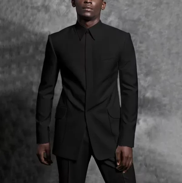 Tailored Man Suit Stand Collar Tuxedo Gentleman Solid Color Outfit Set 2 Piece Suits Smart Casual Daily Office Male Clothing - Image 3