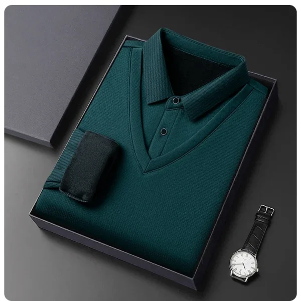 Long Sleeve T-shirt Shirts Winter Fleece Male Lapel Fake Two-piece Striped Regular Fit Thick Plush Warm Knitted Pullover Men Top - Image 27