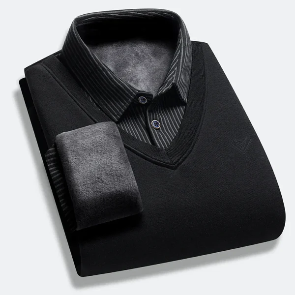 Autumn and Winter New Collection with Fleece Fake Two Piece Long Sleeved Polo Shirt for Men Fashionable and Casual Versatile Top - Image 10