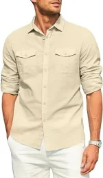 Men's Double Pocket Linen Long Sleeved Shi - Image 18