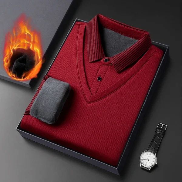 Long Sleeve T-shirt Shirts Winter Fleece Male Lapel Fake Two-piece Striped Regular Fit Thick Plush Warm Knitted Pullover Men Top - Image 11