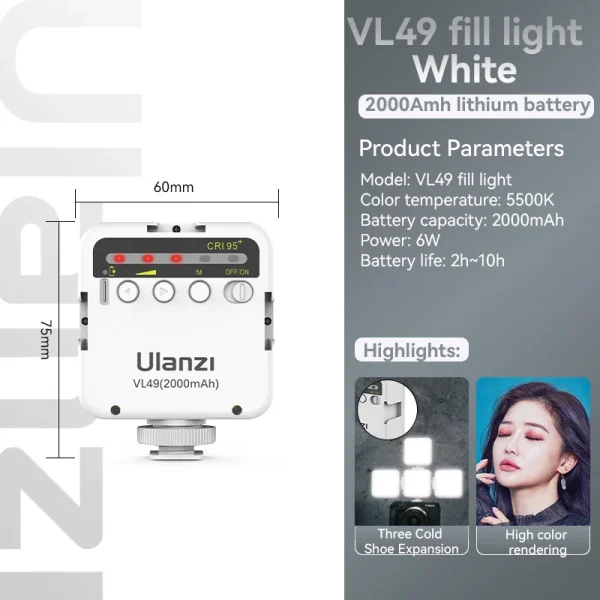Ulanzi VL49 6W Mini Vlog LED Fill Light White 2000mAh 5500K Zoom Lighting Photographic Lighting Video Phone Selfie Fill Lamps - Image 9