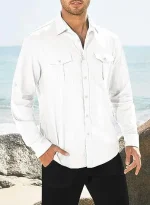Men's Double Pocket Linen Long Sleeved Shi - Image 12