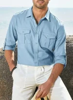 Men's Double Pocket Linen Long Sleeved Shi - Image 14