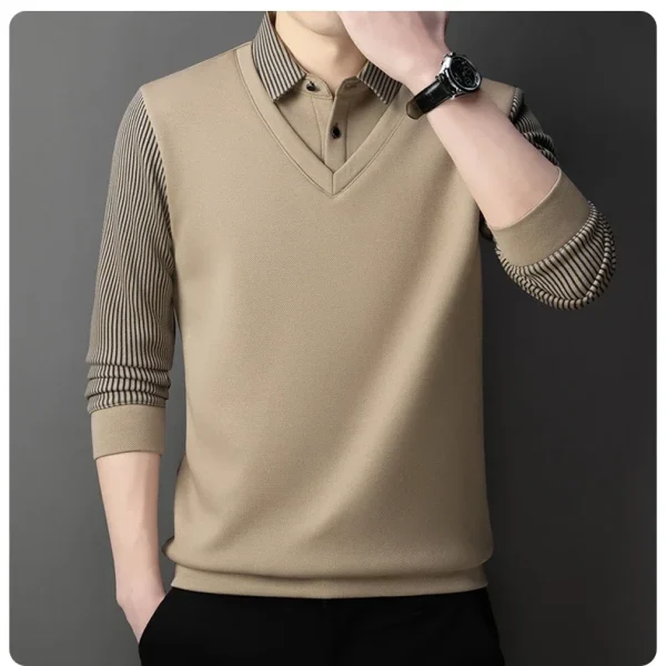 Long Sleeve T-shirt Shirts Winter Fleece Male Lapel Fake Two-piece Striped Regular Fit Thick Plush Warm Knitted Pullover Men Top - Image 37