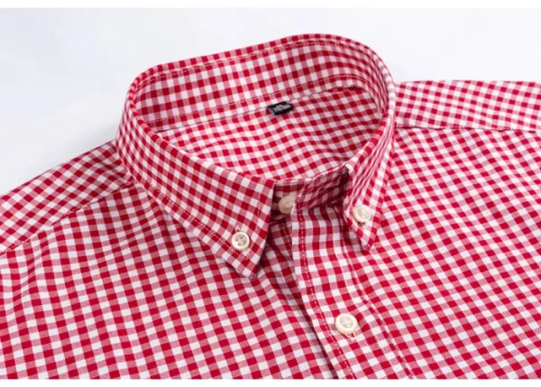 Plaid Checkered Short Sleeve 100% Cotton Shirt Button - Image 45
