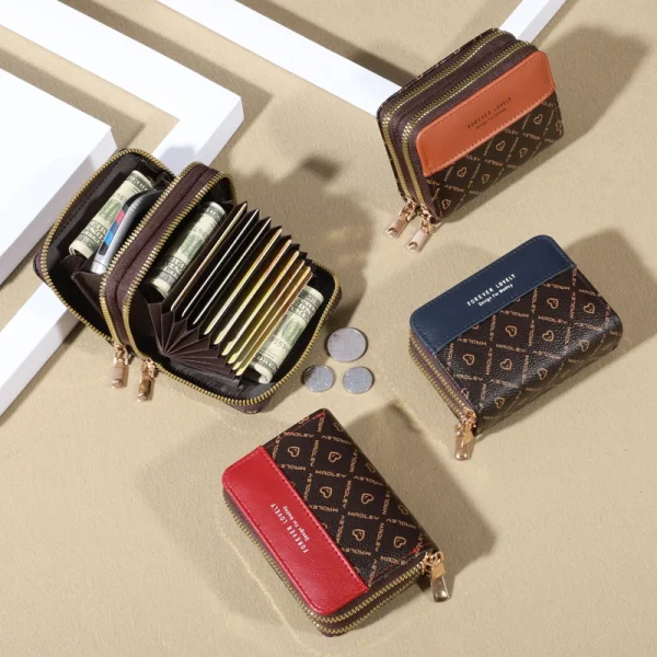 RFID Protection Mini Wallet - Chic Faux Leather with Double Zipper, Multiple Card Slots & Slip Pocket, Compact Classic Clutch - Image 16