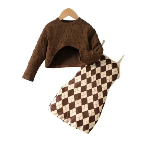 Girls' 2-Piece Brown Top & Lattice Dress Set - Image 7