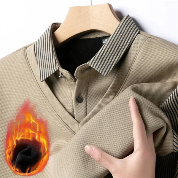 Long Sleeve T-shirt Shirts Winter Fleece Male Lapel Fake Two-piece Striped Regular Fit Thick Plush Warm Knitted Pullover Men Top - Image 39