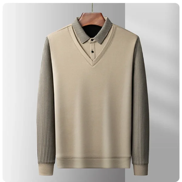 Long Sleeve T-shirt Shirts Winter Fleece Male Lapel Fake Two-piece Striped Regular Fit Thick Plush Warm Knitted Pullover Men Top - Image 41