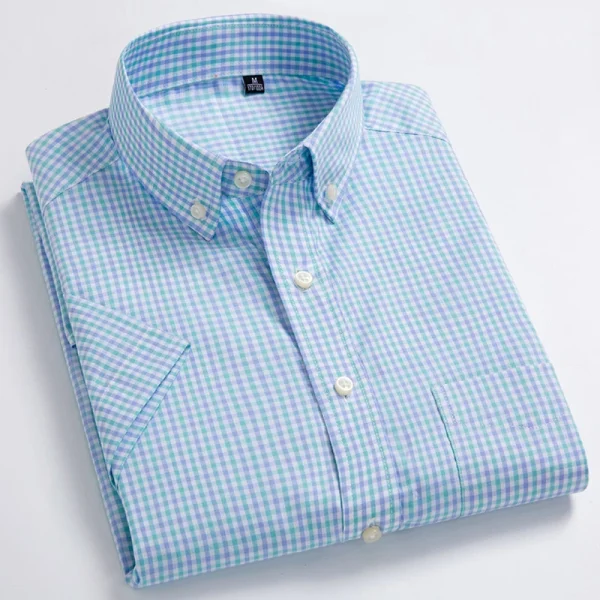Plaid Checkered Short Sleeve 100% Cotton Shirt Button - Image 9