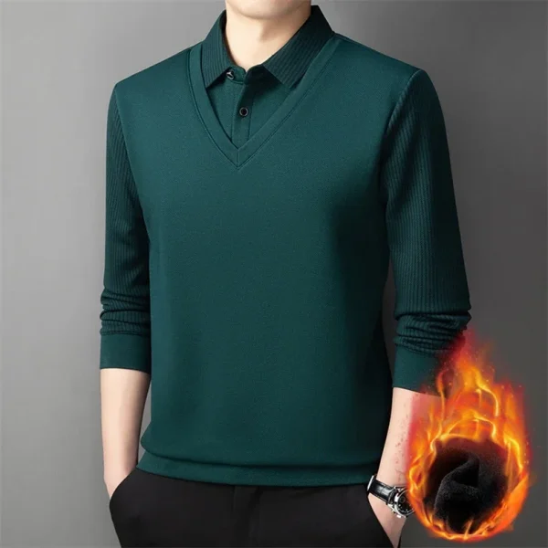 Long Sleeve T-shirt Shirts Winter Fleece Male Lapel Fake Two-piece Striped Regular Fit Thick Plush Warm Knitted Pullover Men Top - Image 24