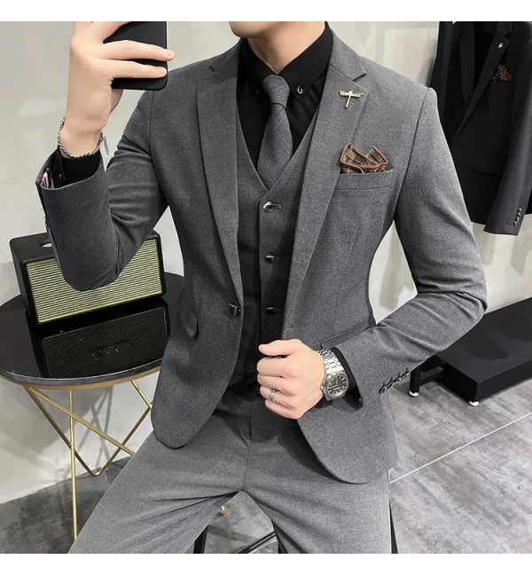 ( Jacket + Vest + Pants ) High-end Brand Boutique Fashion Solid Color Mens Casual Business Suit 3Piece Set Groom Wedding Dress - Image 34