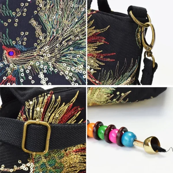 Ethnic Style Sequins Tote Bag, Peacock Embroidery Handbags, Vintage Canvas Crossbody Bag - Image 3