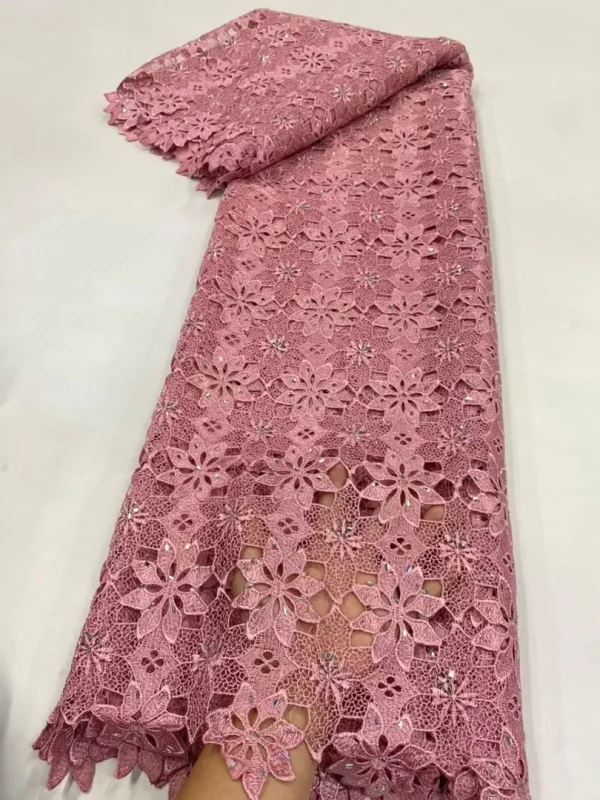 2025 African Nigerian High Quality Embroidery Lace Fabric Water Soluble  Tulle Wedding Party Dress Guipure Sequins 5Yards JL525 - Image 5