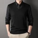 Autumn and Winter New Collection with Fleece Fake Two Piece Long Sleeved Polo Shirt for Men Fashionable and Casual Versatile Top - Image 18