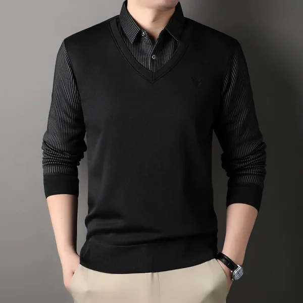 Autumn and Winter New Collection with Fleece Fake Two Piece Long Sleeved Polo Shirt for Men Fashionable and Casual Versatile Top - Image 18