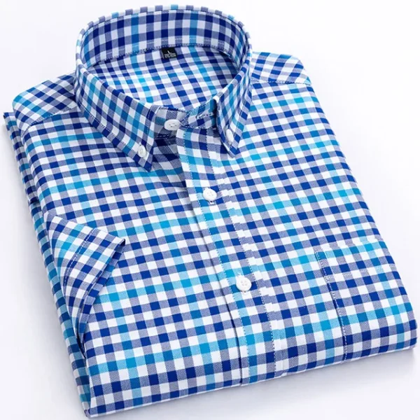 Plaid Checkered Short Sleeve 100% Cotton Shirt Button - Image 7
