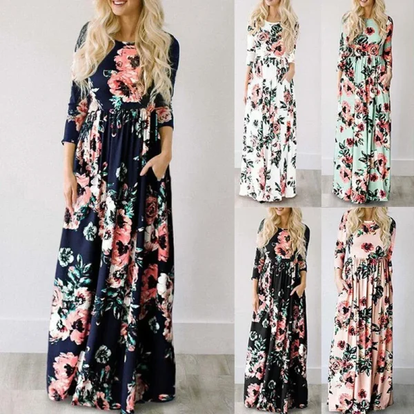 Summer Maxi Dress Women Floral Print Boho Beach Dress - Image 2