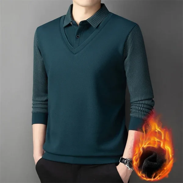 Long Sleeve T-shirt Shirts Winter Fleece Male Lapel Fake Two-piece Striped Regular Fit Thick Plush Warm Knitted Pullover Men Top - Image 16