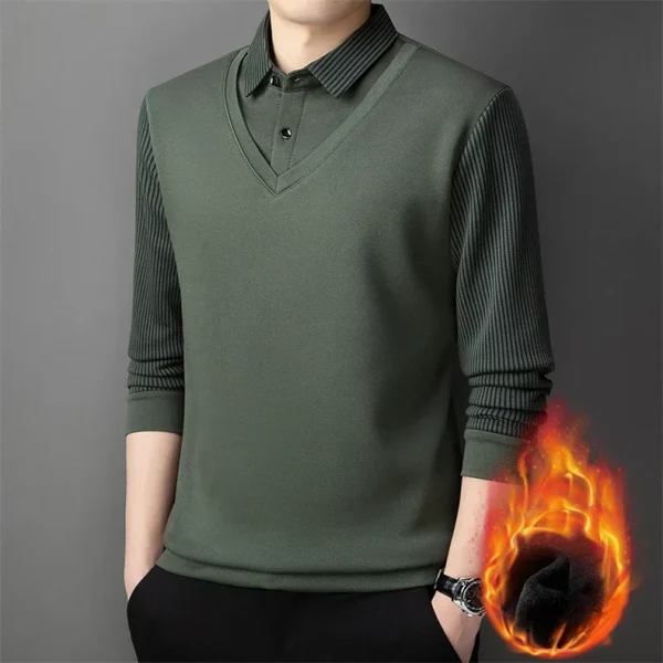 Long Sleeve T-shirt Shirts Winter Fleece Male Lapel Fake Two-piece Striped Regular Fit Thick Plush Warm Knitted Pullover Men Top - Image 32