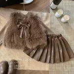 Korean Style Fur Knitted Top and Pleated Leather Mini Skirt Set - Image 2