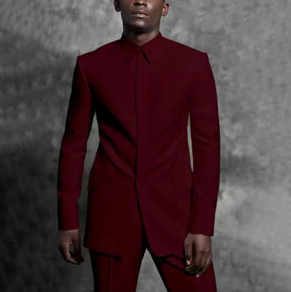 Tailored Man Suit Stand Collar Tuxedo Gentleman Solid Color Outfit Set 2 Piece Suits Smart Casual Daily Office Male Clothing - Image 5