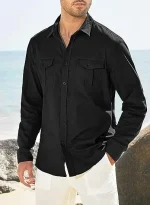 Men's Double Pocket Linen Long Sleeved Shi - Image 8