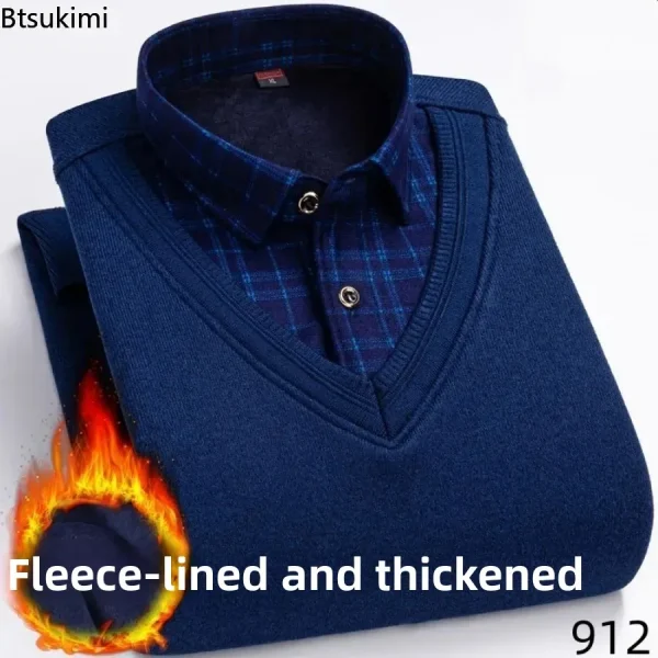 2026 Men's Winter Warm Shirts Thickened Fake Two-piece Shirts Male High-quality Shirts Men's Warm Clothes Shirt Pullovers Tops - Image 3