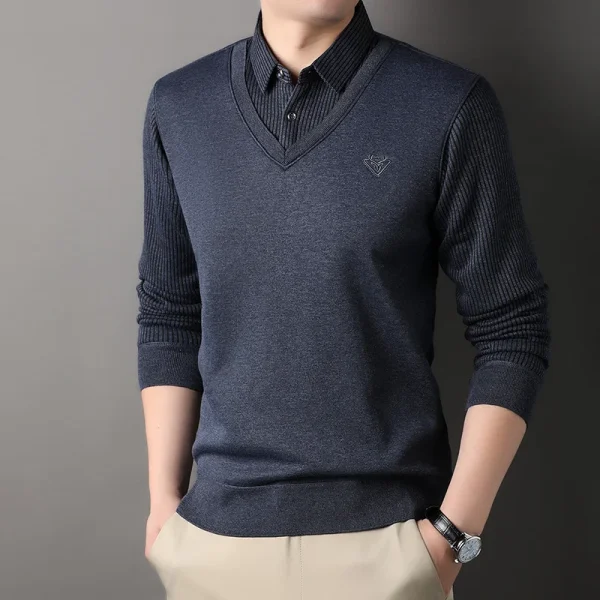 Autumn and Winter New Collection with Fleece Fake Two Piece Long Sleeved Polo Shirt for Men Fashionable and Casual Versatile Top - Image 22