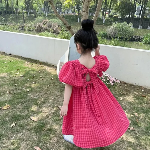 Elegant Princess Plaid Bow Midi Dress - Image 2
