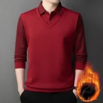 Long Sleeve T-shirt Shirts Winter Fleece Male Lapel Fake Two-piece Striped Regular Fit Thick Plush Warm Knitted Pullover Men Top - Image 5