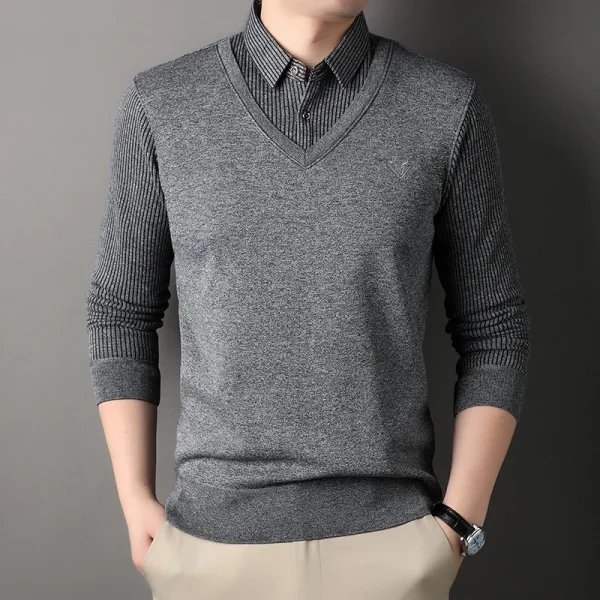 Autumn and Winter New Collection with Fleece Fake Two Piece Long Sleeved Polo Shirt for Men Fashionable and Casual Versatile Top - Image 25