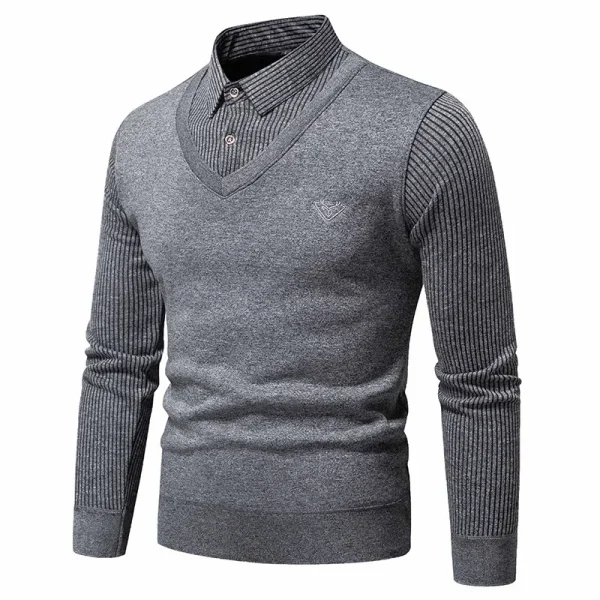 Autumn and Winter New Collection with Fleece Fake Two Piece Long Sleeved Polo Shirt for Men Fashionable and Casual Versatile Top - Image 4