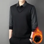 Long Sleeve T-shirt Shirts Winter Fleece Male Lapel Fake Two-piece Striped Regular Fit Thick Plush Warm Knitted Pullover Men Top - Image 20