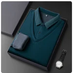 Long Sleeve T-shirt Shirts Winter Fleece Male Lapel Fake Two-piece Striped Regular Fit Thick Plush Warm Knitted Pullover Men Top - Image 19