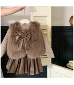Korean Style Fur Knitted Top and Pleated Leather Mini Skirt Set - Image 7