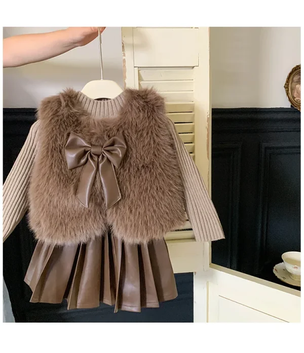 Korean Style Fur Knitted Top and Pleated Leather Mini Skirt Set - Image 7