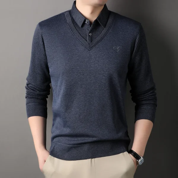 Autumn and Winter New Collection with Fleece Fake Two Piece Long Sleeved Polo Shirt for Men Fashionable and Casual Versatile Top - Image 21