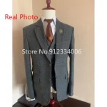Gray Wool Tweed Winter Men Suit's For Wedding Formal Groom Tuxedo Herringbone Male Fashion 3 Piece Suit (Jacket + Vest + Pants) - Image 4