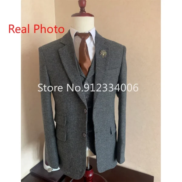 Gray Wool Tweed Winter Men Suit's For Wedding Formal Groom Tuxedo Herringbone Male Fashion 3 Piece Suit (Jacket + Vest + Pants) - Image 4
