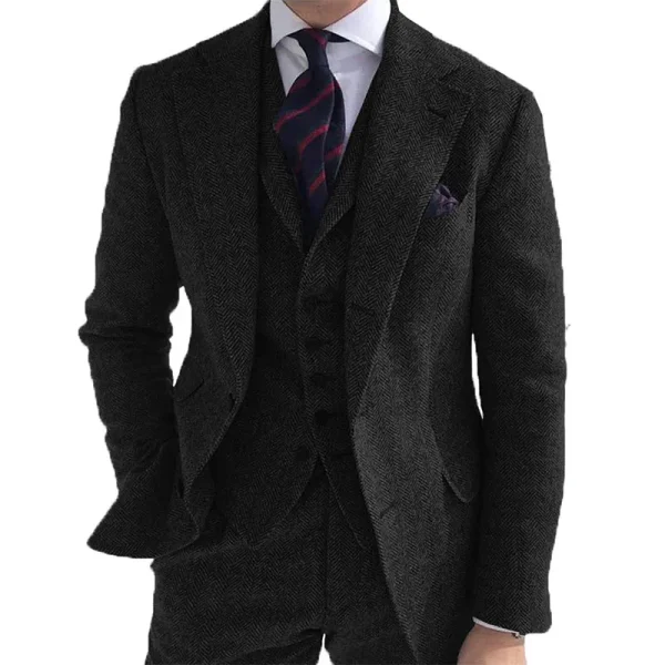 Gray Wool Tweed Winter Men Suit's For Wedding Formal Groom Tuxedo Herringbone Male Fashion 3 Piece Suit (Jacket + Vest + Pants) - Image 13